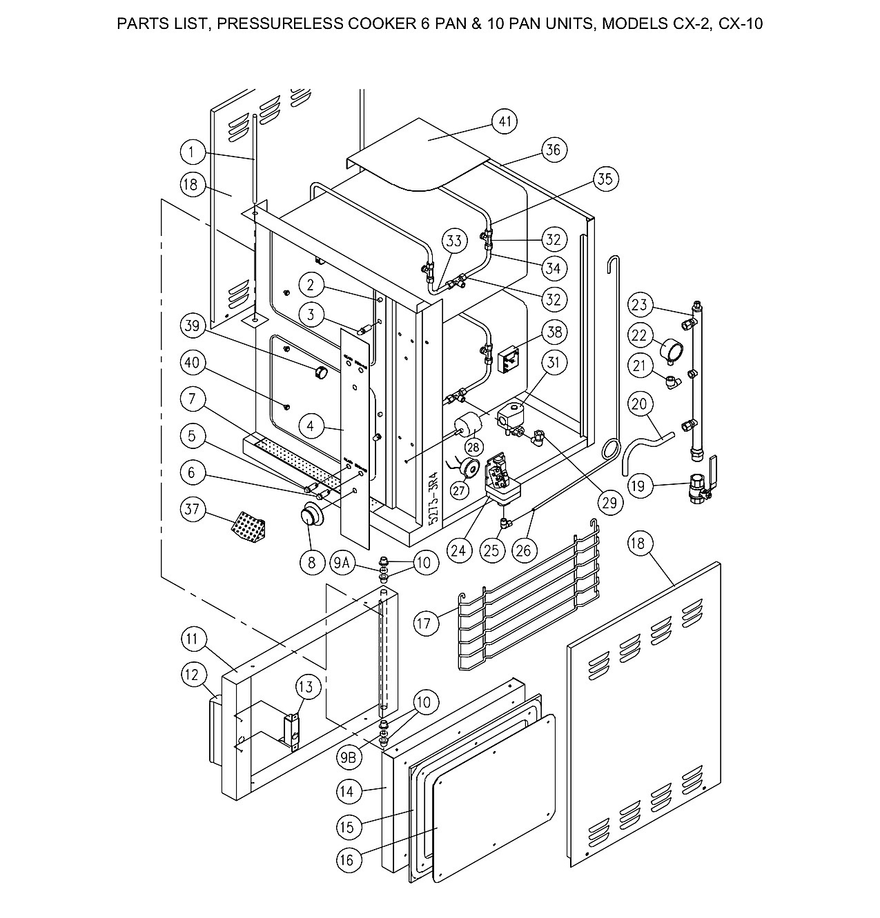PARTS LIST, PRESSURELESS COOKER 6 PAN & 10 PAN UNITS, MODELS CX-2, CX-10