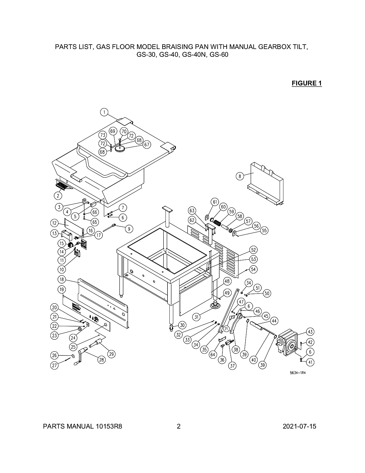 PARTS LIST, GAS FLOOR MODEL BRAISING PAN WITH MANUAL GEARBOX TILT, GS-30, GS-40, GS-40N, GS-60