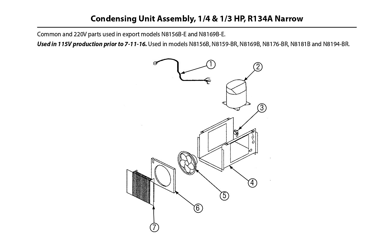 Condensing Unit Assembly, 1/4 & 1/3 HP, R134A Narrow N8156B