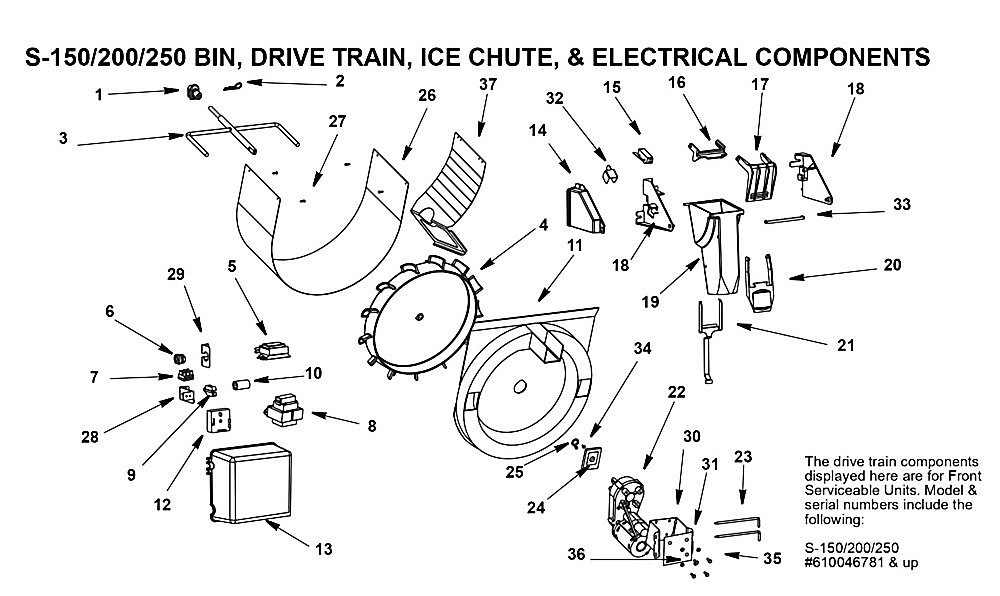 BIN, DRIVE TRAIN, ICE CHUTE, & ELECTRICAL COMPONENTS