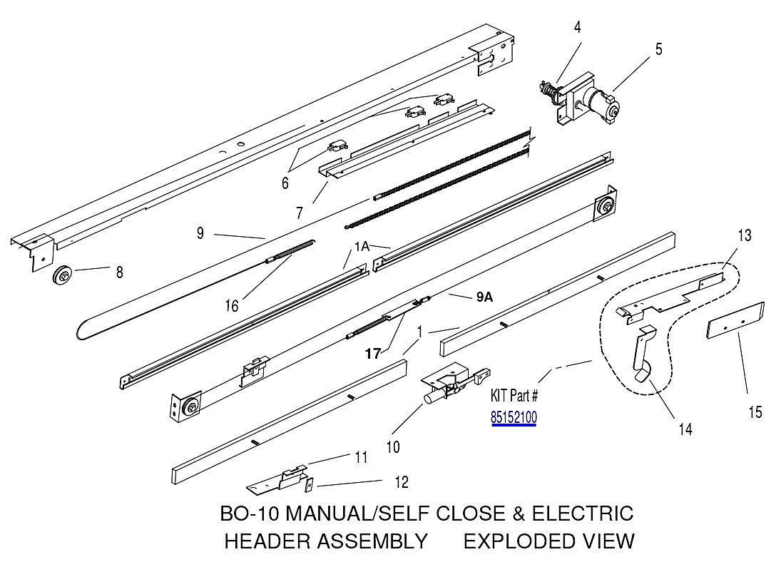 BO-10 MANUAL/SELF CLOSE & ELECTRIC HEADER ASSEMBLY EXPLODED VIEW
