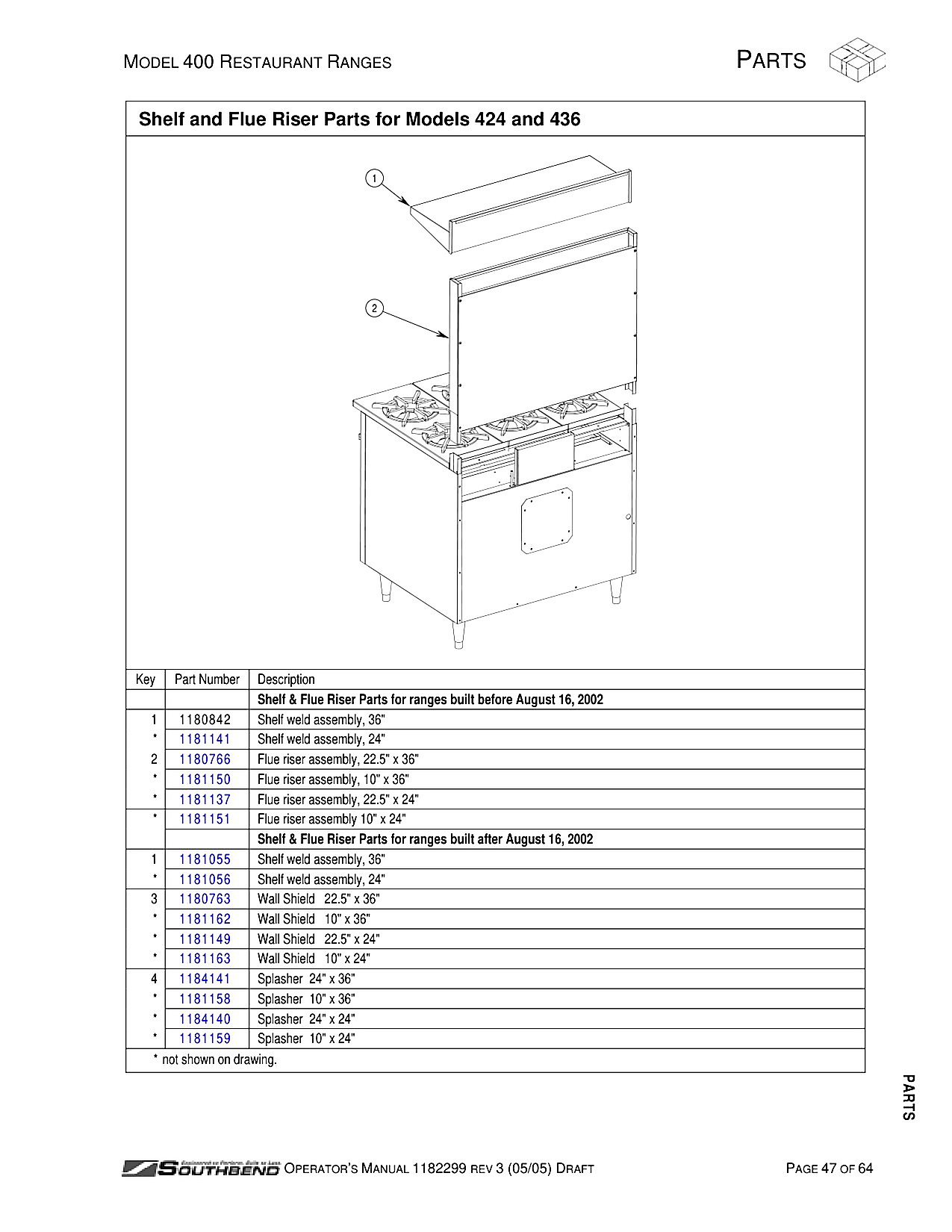 Shelf and Flue Riser Parts