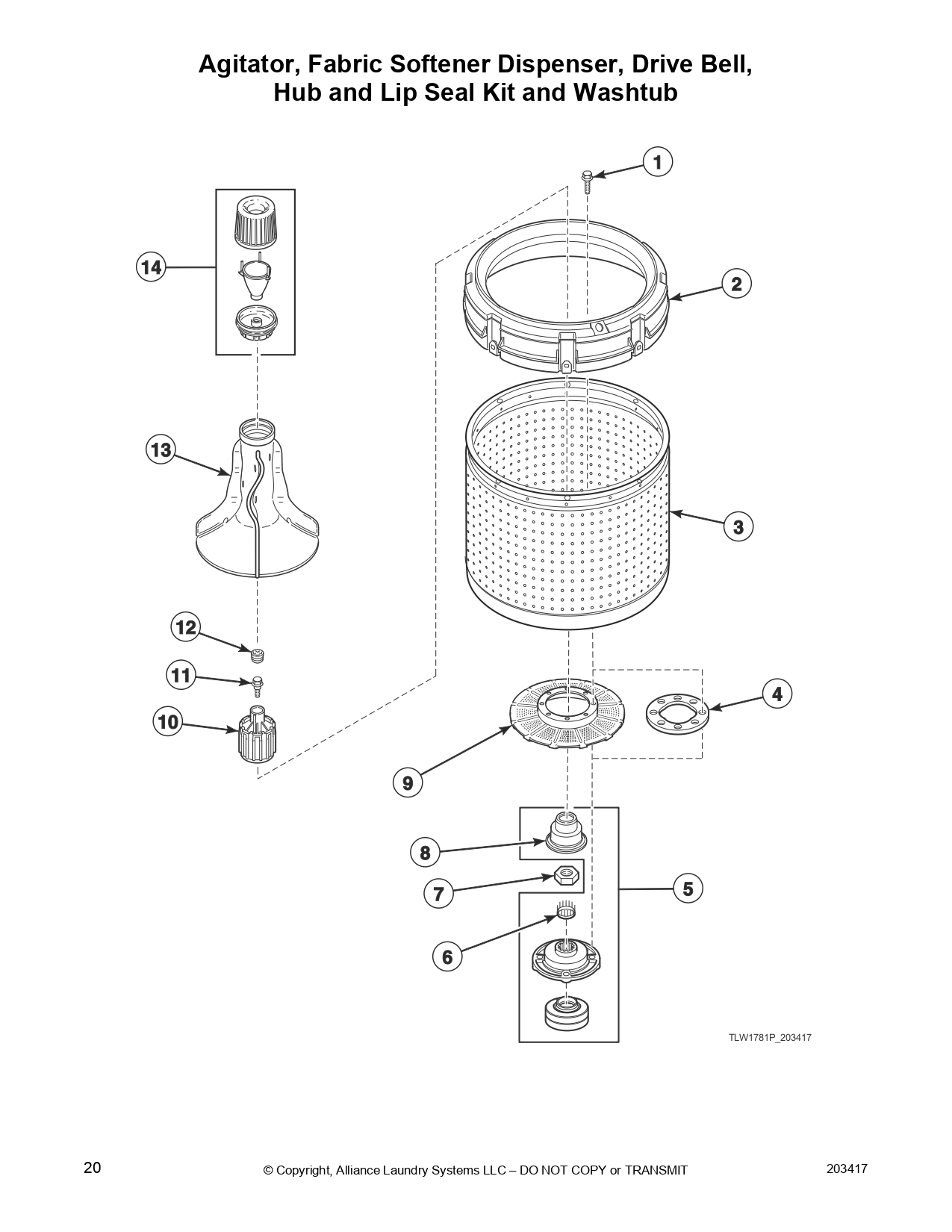 Agitator, Fabric Softener Dispenser, Drive Bell, Hub and Lip Seal Kit and Washtub